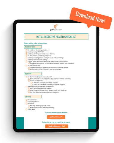 Download Now! (2) Tablet mockup containing gutPractitioner Digestive Health Checklist
